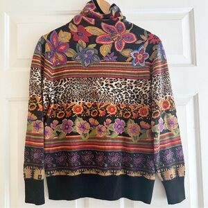 Vintage Cashmere Retro Floral Leopard Print Multicolored Cowl neck Sweater